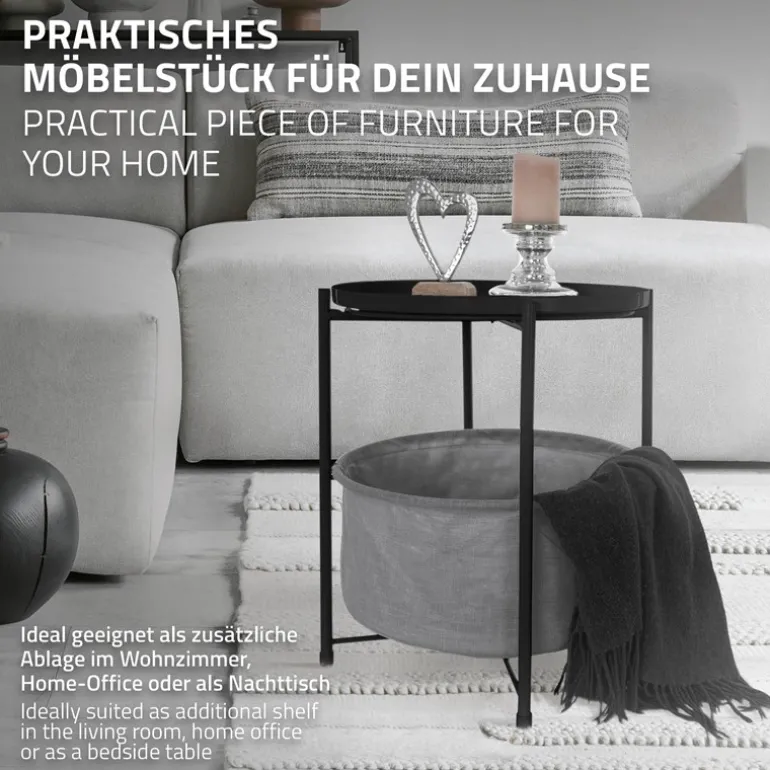 Beistelltisch rund 45,5x52,5 cm Schwarz aus Metall inkl. Stoffkorb und Tablett ML-Design