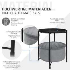 Beistelltisch rund 45,5x52,5 cm Schwarz aus Metall inkl. Stoffkorb und Tablett ML-Design