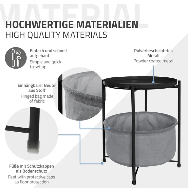 Beistelltisch rund 45,5x52,5 cm Schwarz aus Metall inkl. Stoffkorb und Tablett ML-Design