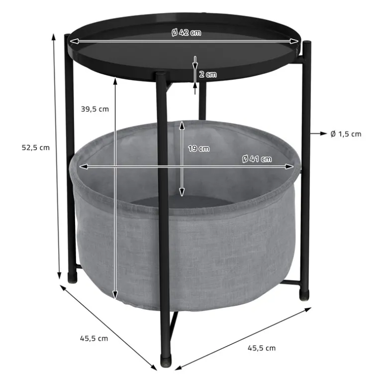 Beistelltisch rund 45,5x52,5 cm Schwarz aus Metall inkl. Stoffkorb und Tablett ML-Design
