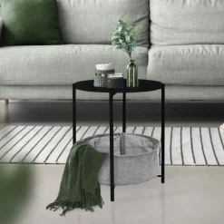 Beistelltisch rund Ø 46x51 cm Schwarz aus Metall inkl. Tablett und Stoffkorb ML-Design