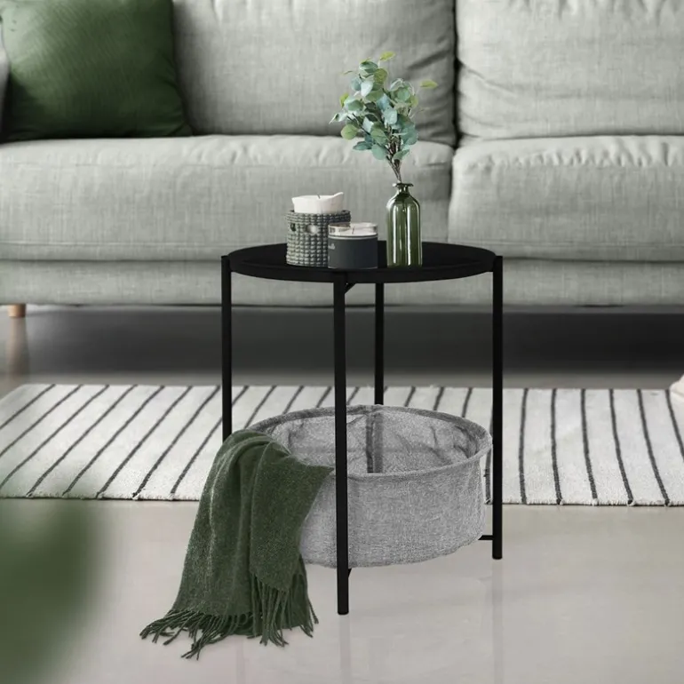 Beistelltisch rund Ø 46x51 cm Schwarz aus Metall inkl. Tablett und Stoffkorb ML-Design