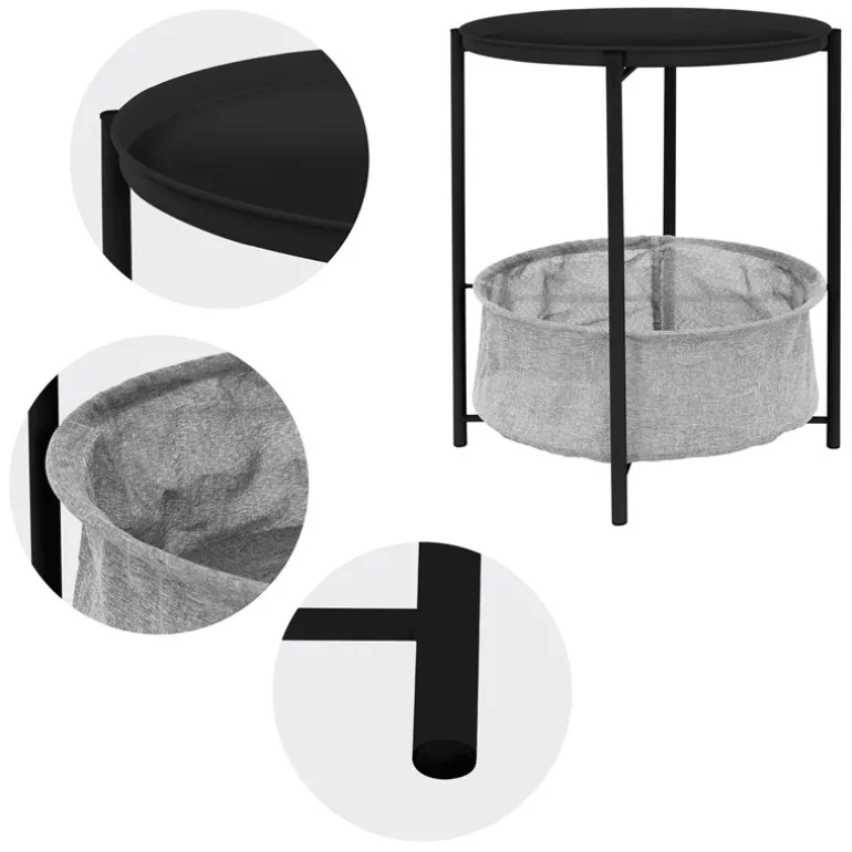 Beistelltisch rund Ø 46x51 cm Schwarz aus Metall inkl. Tablett und Stoffkorb ML-Design