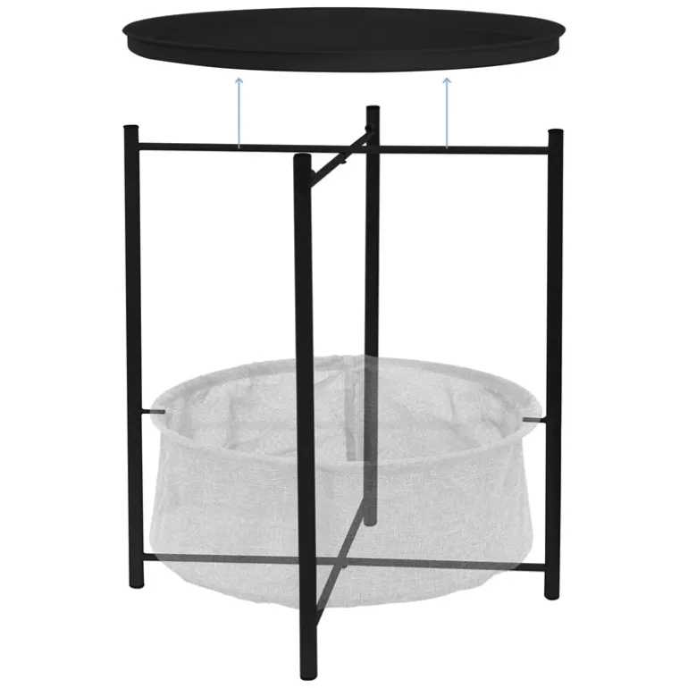 Beistelltisch rund Ø 46x51 cm Schwarz aus Metall inkl. Tablett und Stoffkorb ML-Design