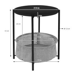 Beistelltisch rund Ø 46x51 cm Schwarz aus Metall inkl. Tablett und Stoffkorb ML-Design