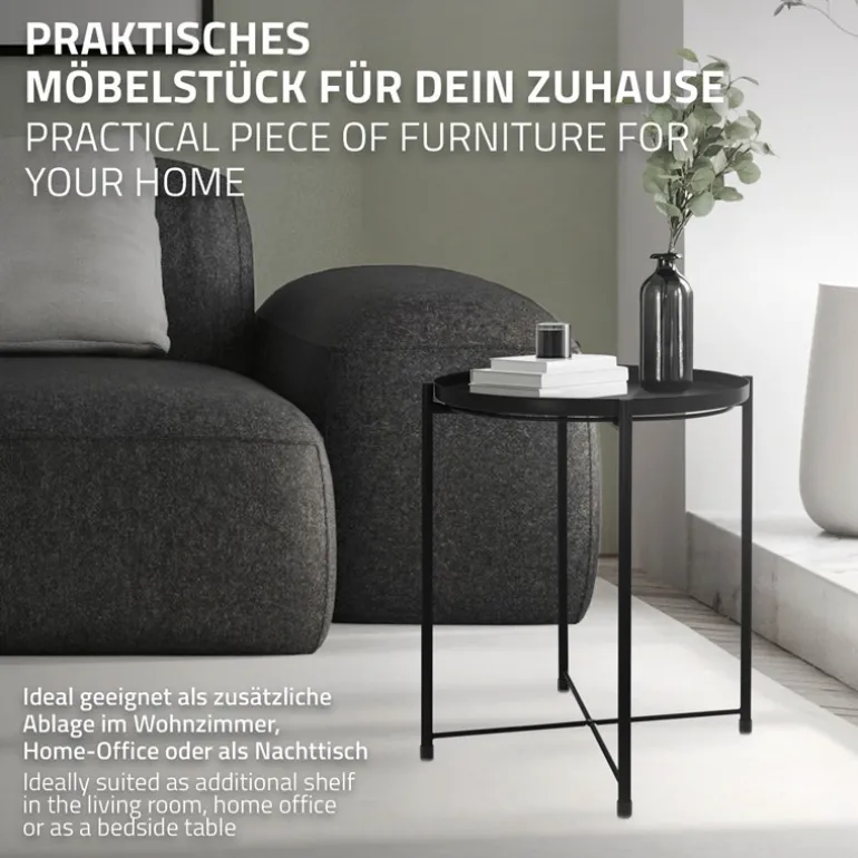 Beistelltisch rund Ø42x52 cm Schwarz aus Metall mit Tablett ML-Design