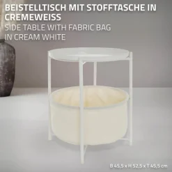 Beistelltisch rund 45,5x52,5 cm Weiß aus Metall inkl. Stoffkorb und Tablett ML-Design