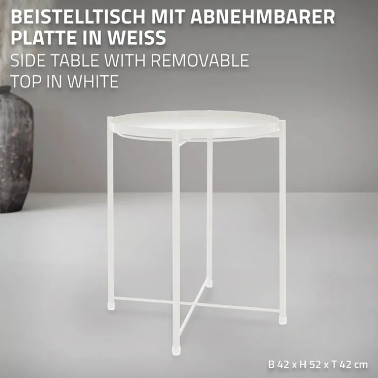 Beistelltisch rund Ø42x52 cm Weiß aus Metall mit Tablett ML-Design