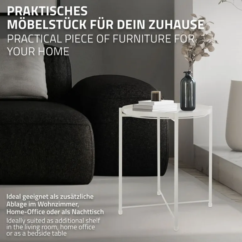Beistelltisch rund Ø42x52 cm Weiß aus Metall mit Tablett ML-Design