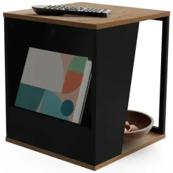 Beistelltisch 40x40 cm mit Zeitschriftenfach Eiche Optik Braun Schwarz mit Stahlgestell Wohnzimmertisch ML-Design