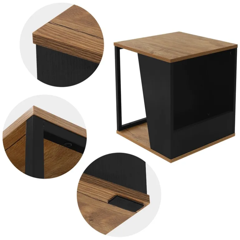 Beistelltisch 40x40 cm mit Zeitschriftenfach Eiche Optik Braun Schwarz mit Stahlgestell Wohnzimmertisch ML-Design