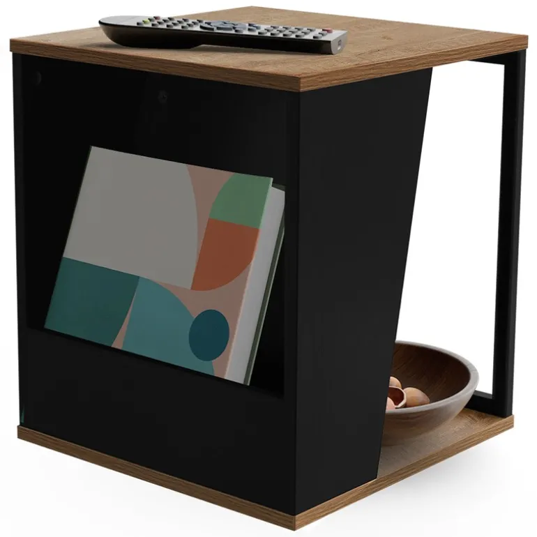 Beistelltisch 40x40 cm mit Zeitschriftenfach Eiche Optik Braun Schwarz mit Stahlgestell Wohnzimmertisch ML-Design