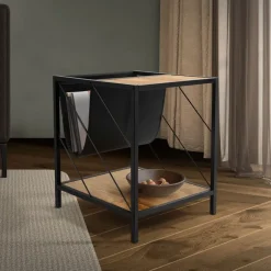 Beistelltisch 43x48 cm mit Zeitschriftenfach Eiche Optik Braun Schwarz mit Stahlgestell Wohnzimmertisch ML-Design