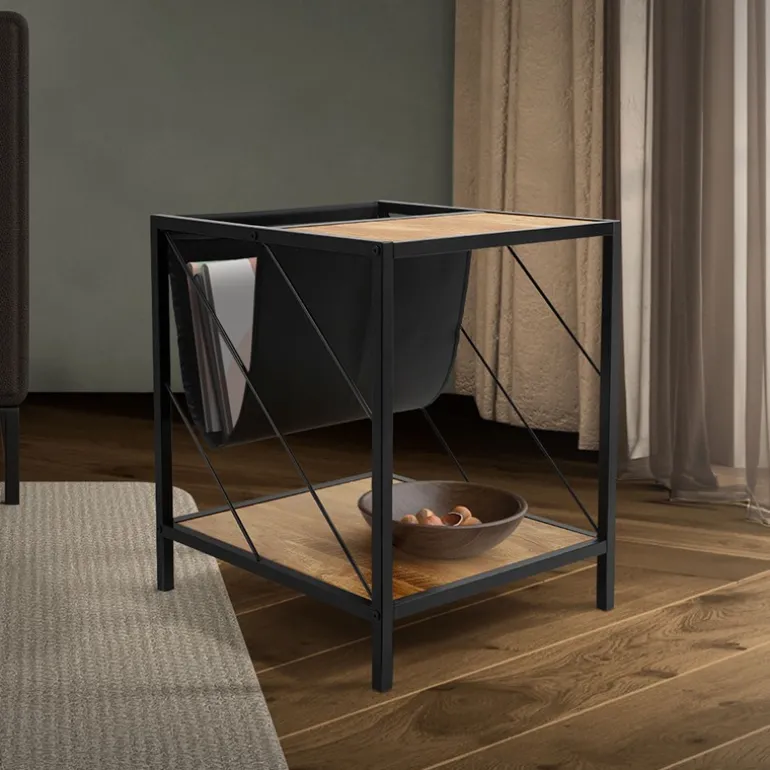 Beistelltisch 43x48 cm mit Zeitschriftenfach Eiche Optik Braun Schwarz mit Stahlgestell Wohnzimmertisch ML-Design