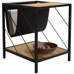 Beistelltisch 43x48 cm mit Zeitschriftenfach Eiche Optik Braun Schwarz mit Stahlgestell Wohnzimmertisch ML-Design