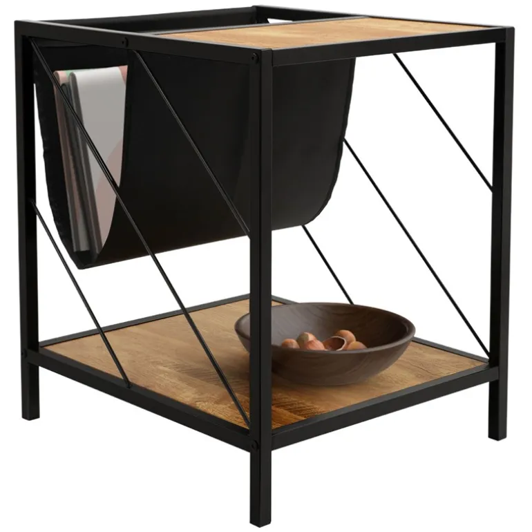 Beistelltisch 43x48 cm mit Zeitschriftenfach Eiche Optik Braun Schwarz mit Stahlgestell Wohnzimmertisch ML-Design