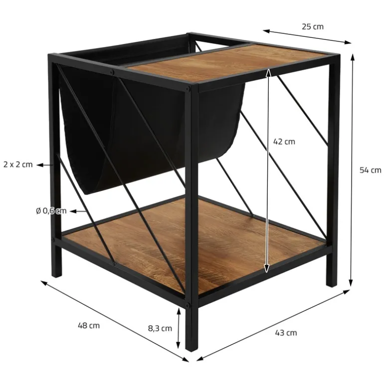 Beistelltisch 43x48 cm mit Zeitschriftenfach Eiche Optik Braun Schwarz mit Stahlgestell Wohnzimmertisch ML-Design