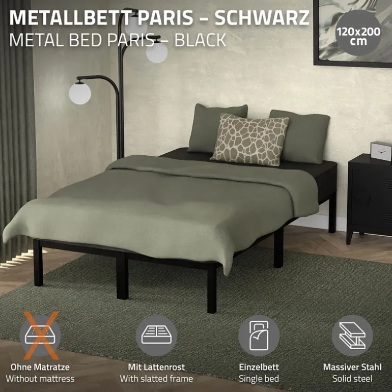Bettgestell Doppelbett 120x200 cm aus Metall Schwarz mit Lattenrost ML-Design