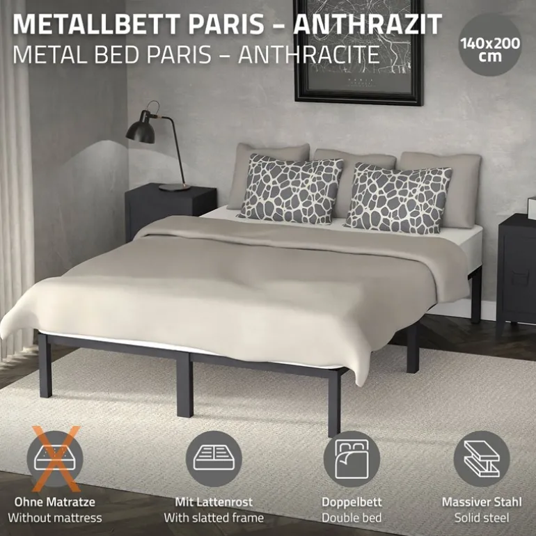 Bettgestell Doppelbett 140x200 cm aus Metall in Anthrazit mit Lattenrost ML-Design