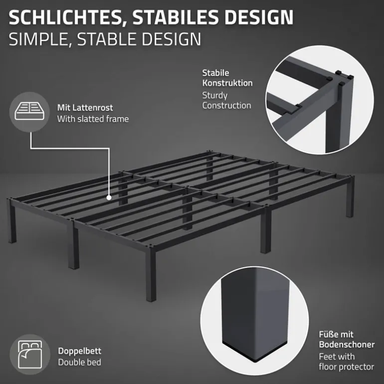 Bettgestell Doppelbett 140x200 cm aus Metall in Anthrazit mit Lattenrost ML-Design