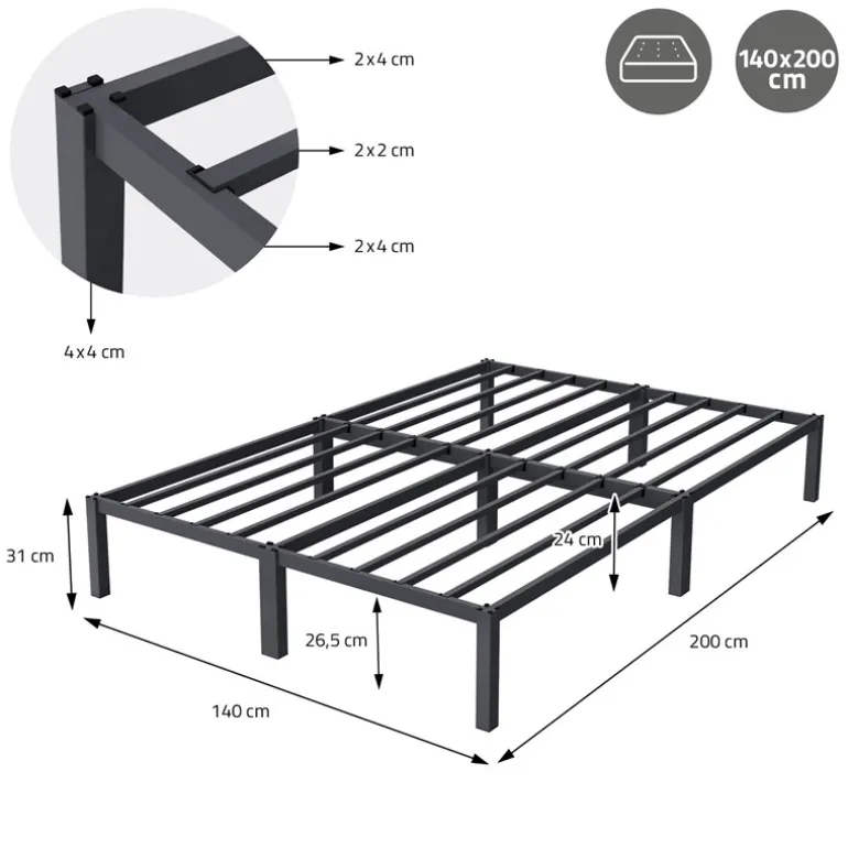 Bettgestell Doppelbett 140x200 cm aus Metall in Anthrazit mit Lattenrost ML-Design