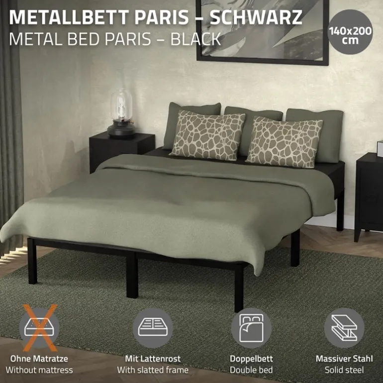 Bettgestell Doppelbett 140x200 cm aus Metall in Schwarz mit Lattenrost ML-Design