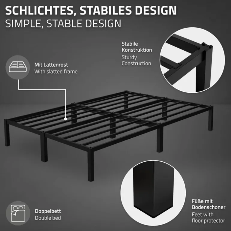 Bettgestell Doppelbett 140x200 cm aus Metall in Schwarz mit Lattenrost ML-Design