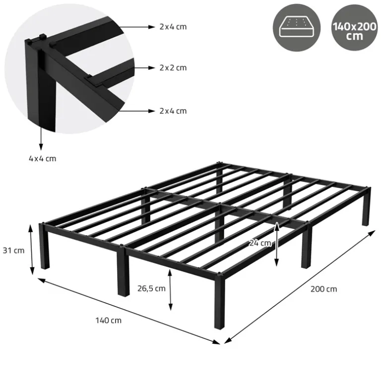 Bettgestell Doppelbett 140x200 cm aus Metall in Schwarz mit Lattenrost ML-Design