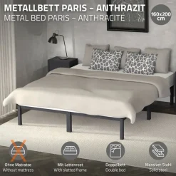 Bettgestell Doppelbett 160x200 cm aus Metall in Anthrazit mit Lattenrost ML-Design