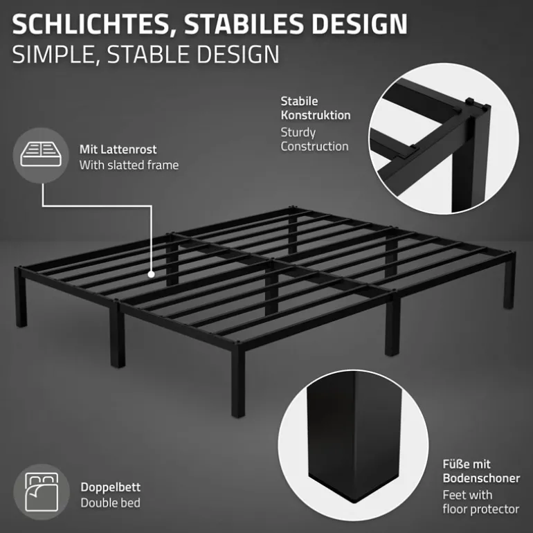 Bettgestell Doppelbett 160x200 cm aus Metall in Schwarz mit Lattenrost ML-Design