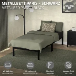 Bettgestell Einzelbett Metallbett 90x200 cm Schwarz inkl. Matratze H-16cm mit Lattenrost ML-Design