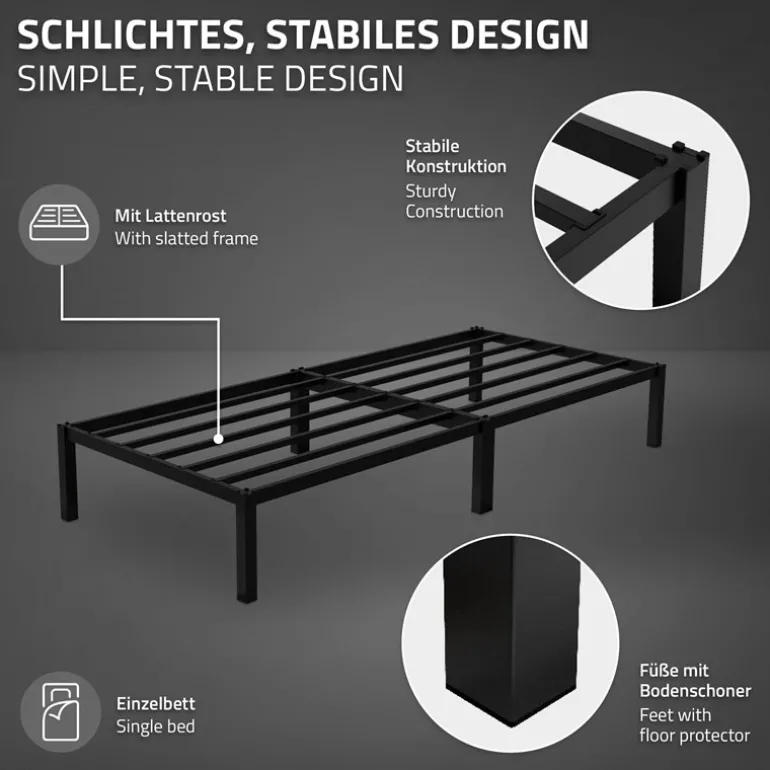 Bettgestell Einzelbett Metallbett 90x200 cm Schwarz inkl. Matratze H-16cm mit Lattenrost ML-Design