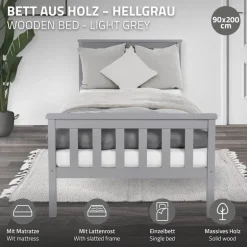 Bettgestell Einzelbett 90x200cm aus Kiefernholz in Hellgrau mit Lattenrost & Matratze H-10cm ML-Design