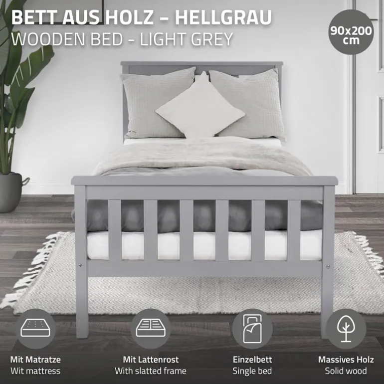 Bettgestell Einzelbett 90x200cm aus Kiefernholz in Hellgrau mit Lattenrost & Matratze H-10cm ML-Design
