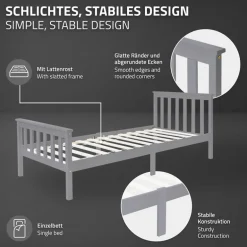 Bettgestell Einzelbett 90x200cm aus Kiefernholz in Hellgrau mit Lattenrost & Matratze H-10cm ML-Design