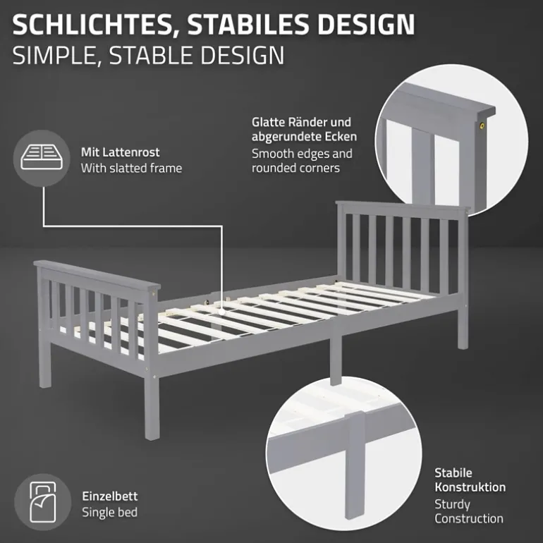 Bettgestell Einzelbett 90x200cm aus Kiefernholz in Hellgrau mit Lattenrost & Matratze H-10cm ML-Design