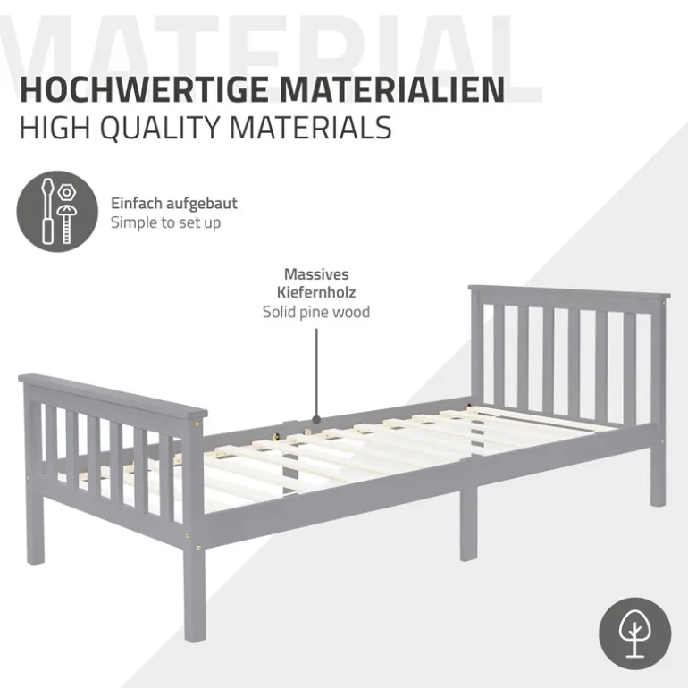 Bettgestell Einzelbett 90x200cm aus Kiefernholz in Hellgrau mit Lattenrost & Matratze H-10cm ML-Design