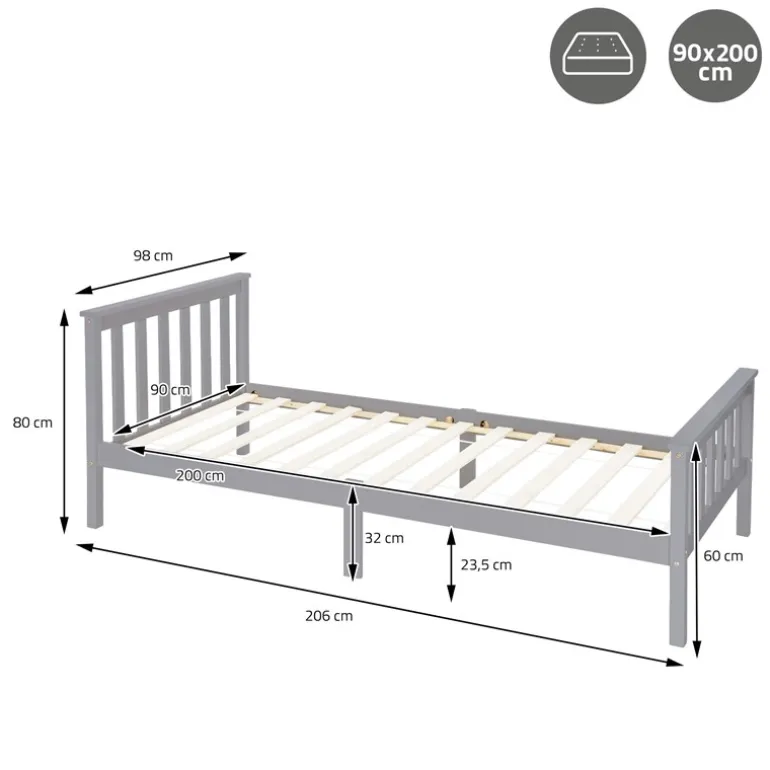Bettgestell Einzelbett 90x200cm aus Kiefernholz in Hellgrau mit Lattenrost & Matratze H-10cm ML-Design