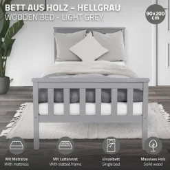 Bettgestell Einzelbett 90x200cm aus Kiefernholz in Hellgrau mit Lattenrost & Matratze H-16cm ML-Design