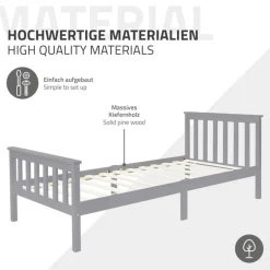 Bettgestell Einzelbett 90x200cm aus Kiefernholz in Hellgrau mit Lattenrost & Matratze H-16cm ML-Design
