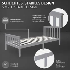Bettgestell Einzelbett 90x200cm aus Kiefernholz in Hellgrau mit Lattenrost ML-Design