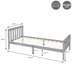 Bettgestell Einzelbett 90x200cm aus Kiefernholz in Hellgrau mit Lattenrost ML-Design