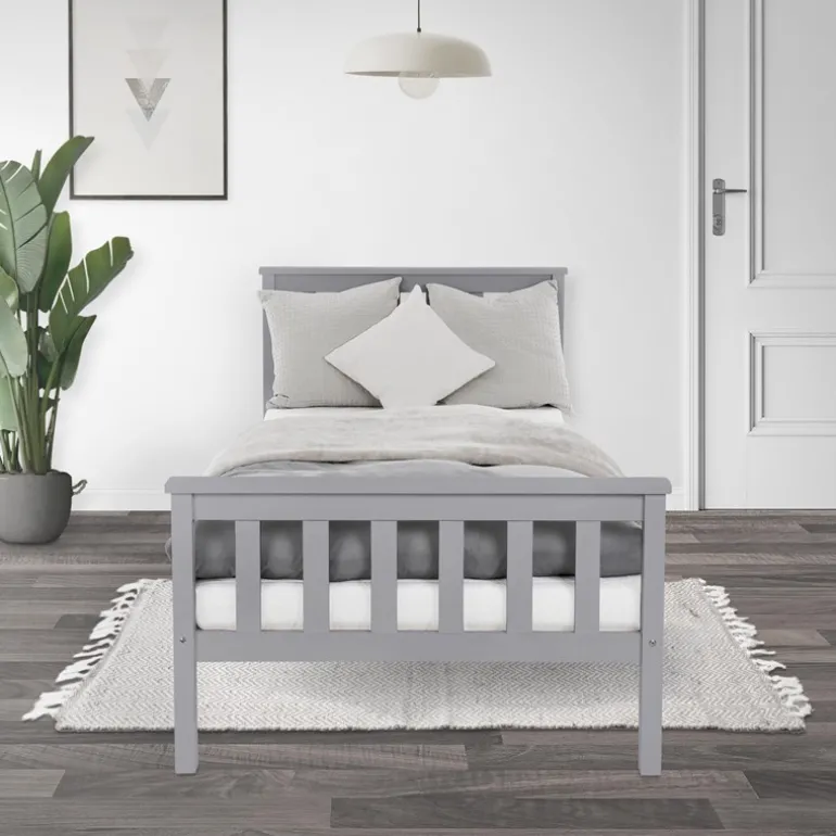 Bettgestell Einzelbett 90x200cm aus Kiefernholz in Hellgrau mit Lattenrost ML-Design