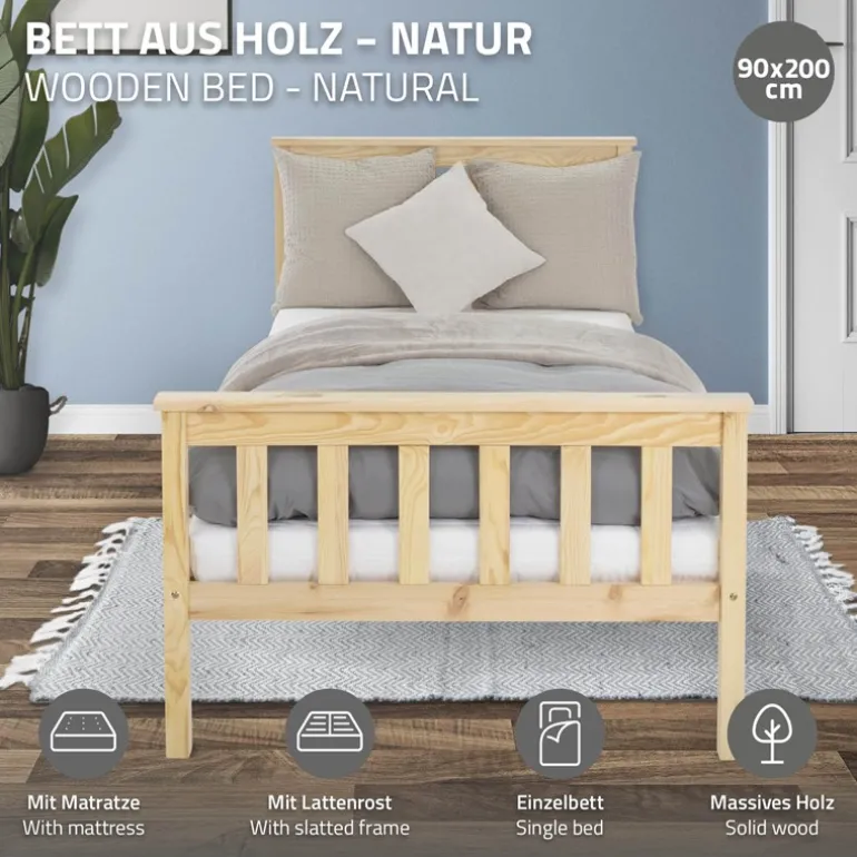 Bettgestell Einzelbett 90x200cm aus Kiefernholz in Natur mit Lattenrost & Matratze H-16cm ML-Design