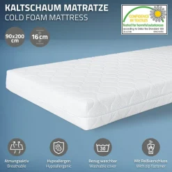Bettgestell Einzelbett 90x200cm aus Kiefernholz in Natur mit Lattenrost & Matratze H-16cm ML-Design