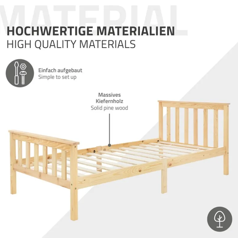 Bettgestell Einzelbett 90x200cm aus Kiefernholz in Natur mit Lattenrost & Matratze H-16cm ML-Design