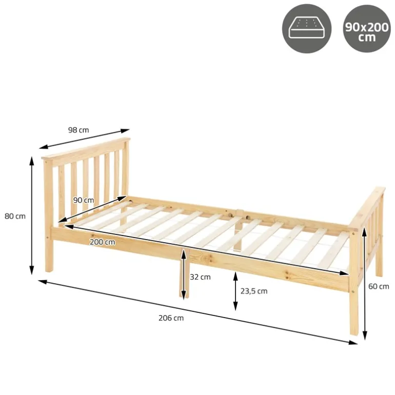 Bettgestell Einzelbett 90x200cm aus Kiefernholz in Natur mit Lattenrost & Matratze H-16cm ML-Design