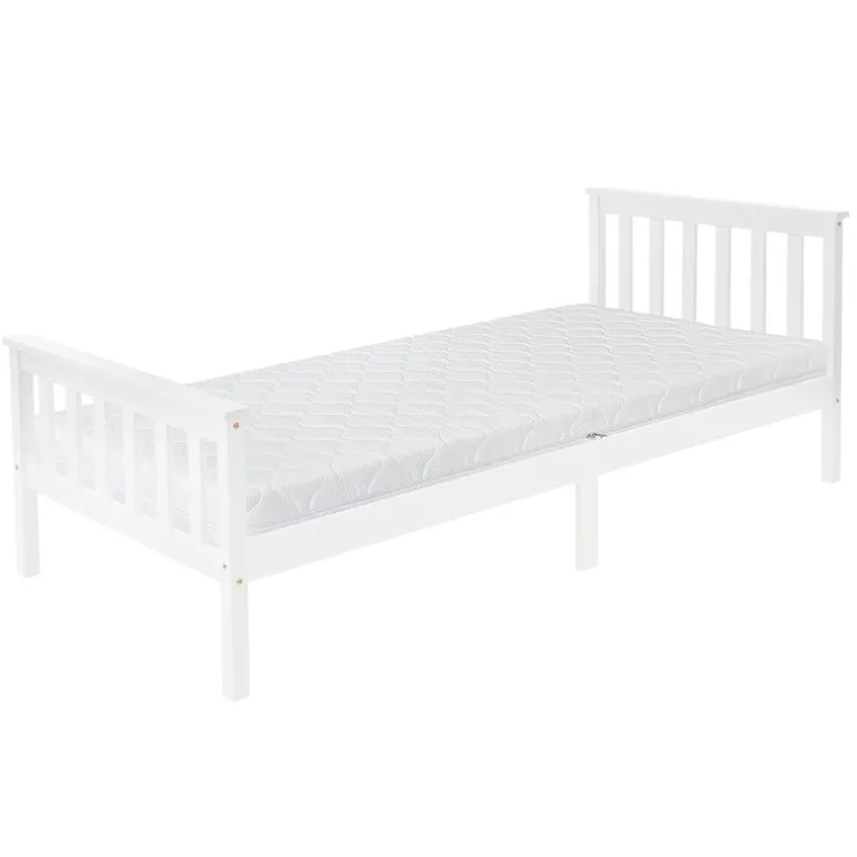 Bettgestell Einzelbett 90x200cm aus Kiefernholz in Weiß Lattenrost & Matratze H-16cm ML-Design