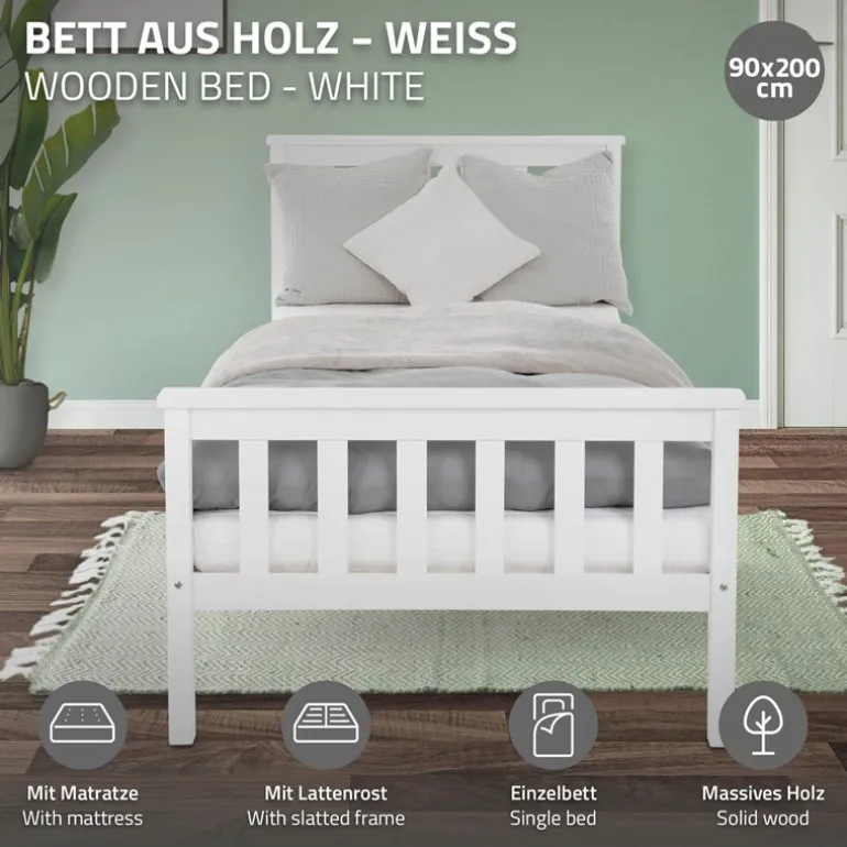 Bettgestell Einzelbett 90x200cm aus Kiefernholz in Weiß Lattenrost & Matratze H-16cm ML-Design
