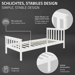 Bettgestell Einzelbett 90x200cm aus Kiefernholz in Weiß Lattenrost & Matratze H-16cm ML-Design